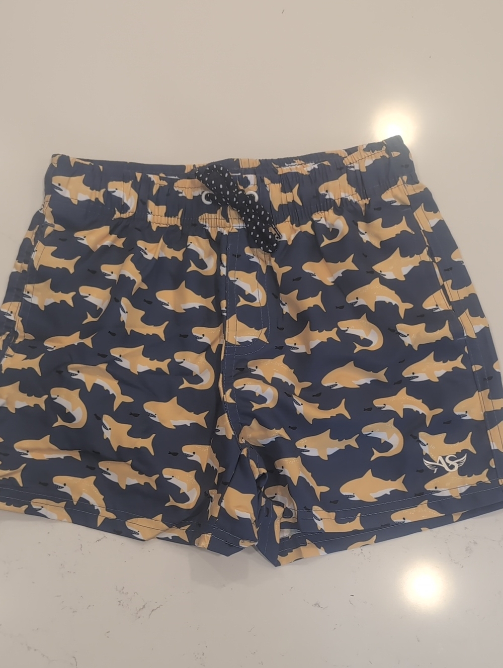 Kids Navy Shark Print Swim Trunks
